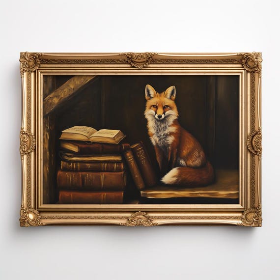 Vintage Books Fox Painting, Dark Academia Art Print