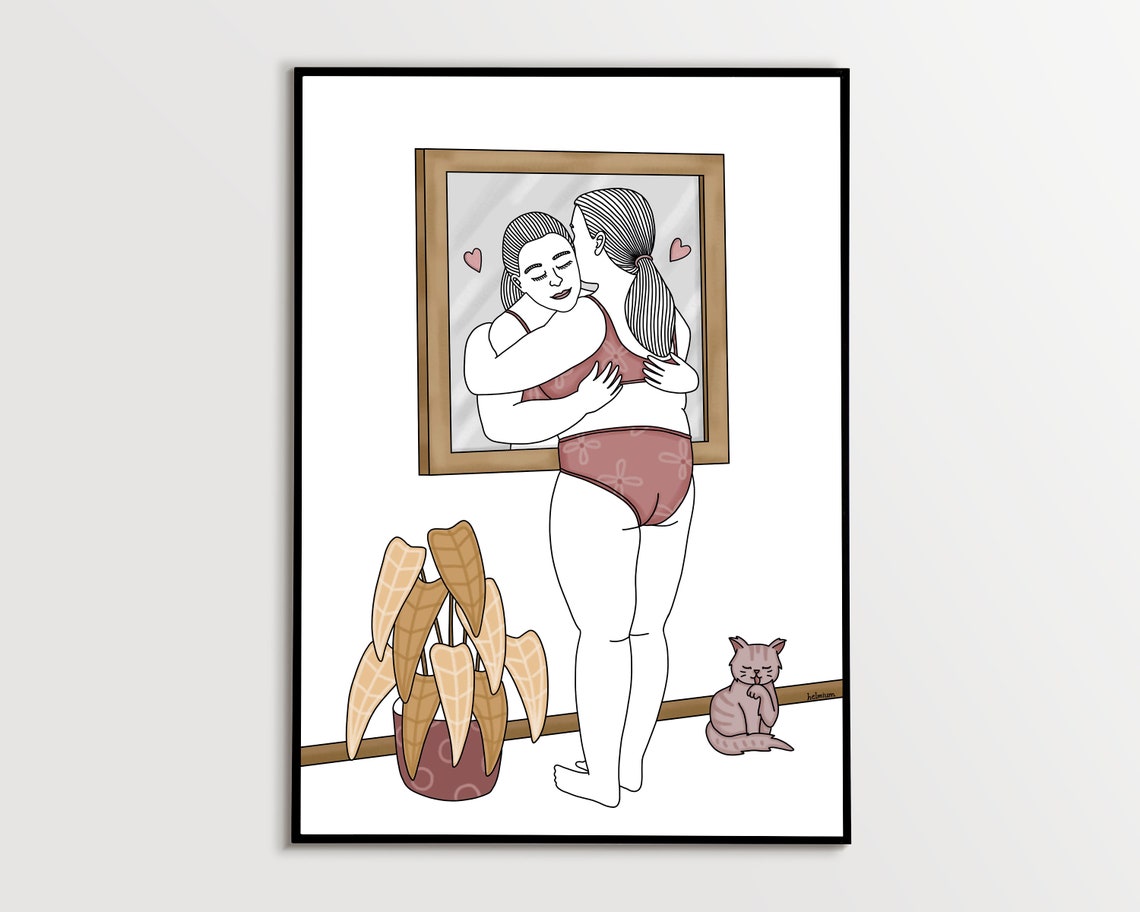 Body Positive Self Love Mirror Hug Illustration Poster Gift Art