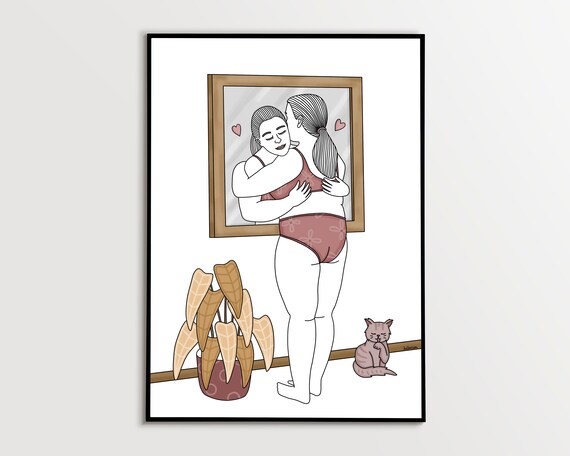 Body Positive Self Love Mirror Hug Illustration Poster Gift Art
