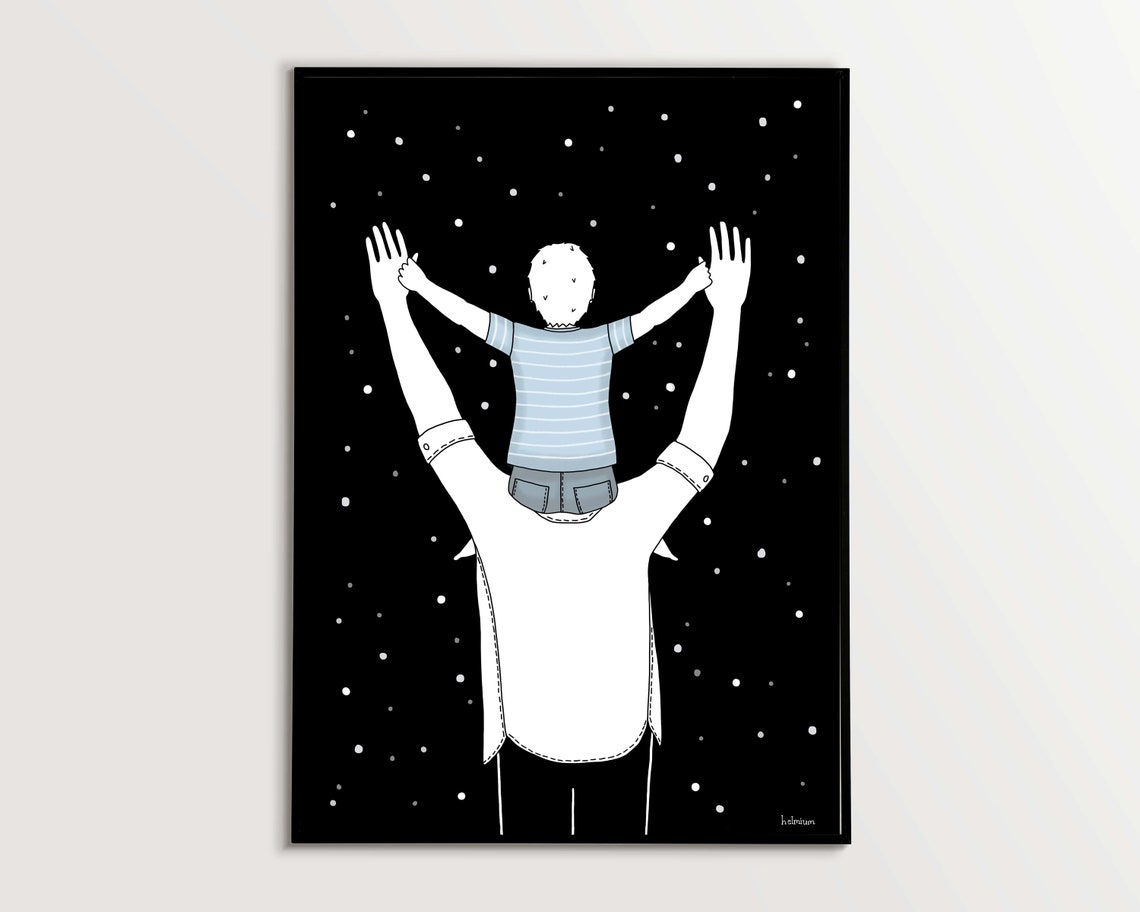 Dad and Son Reaching for the Stars Minimal Night Line Art Poster