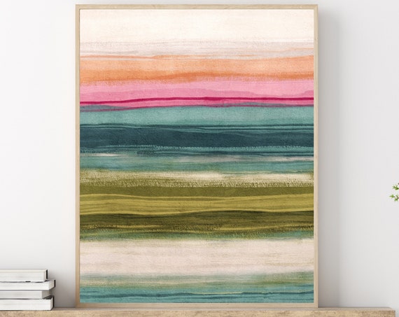 Colorful Abstract Stripes Art Print, Coastal Landscape