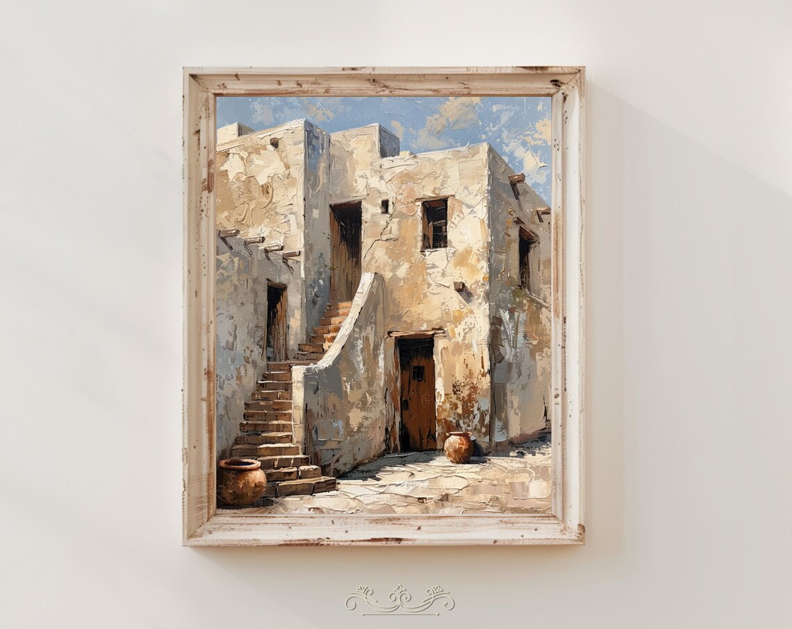 Medieval Stone House Oil Painting Ancient Stairs Clay Pots Vintage Poster