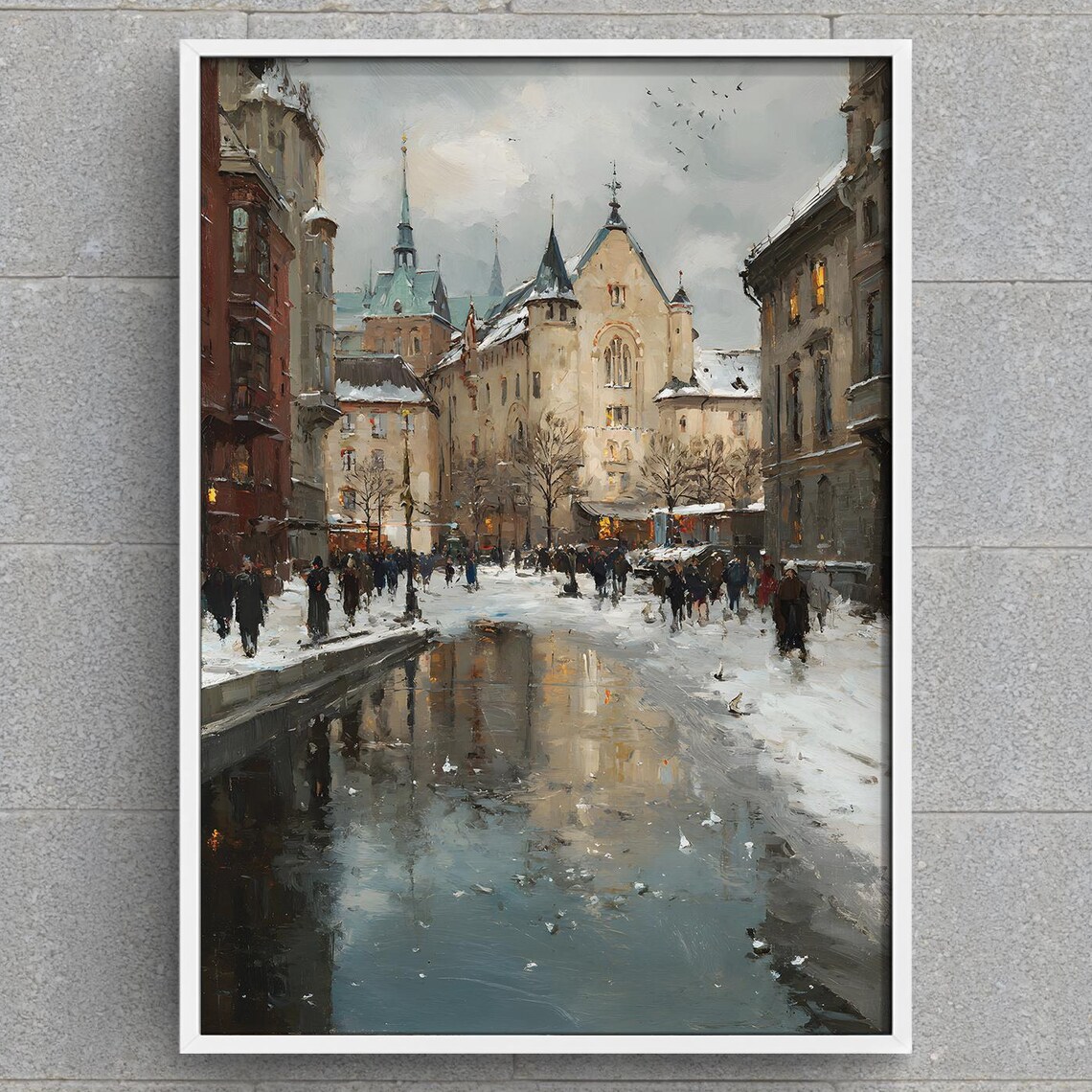 Snowy Old Town Canal Winter Crowd Historic City Scene Poster