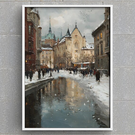 Snowy Old Town Canal Winter Crowd Historic City Scene Poster