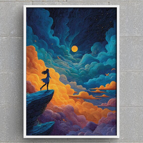 Night Sky Dreamer Woman Silhouette On Cliff Moonlit Clouds Art Poster