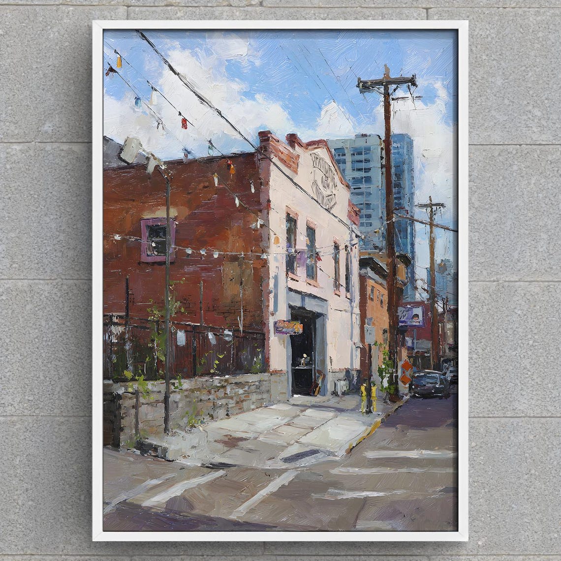 Old Brick Warehouse Street String Lights Historic Urban Scene Poster