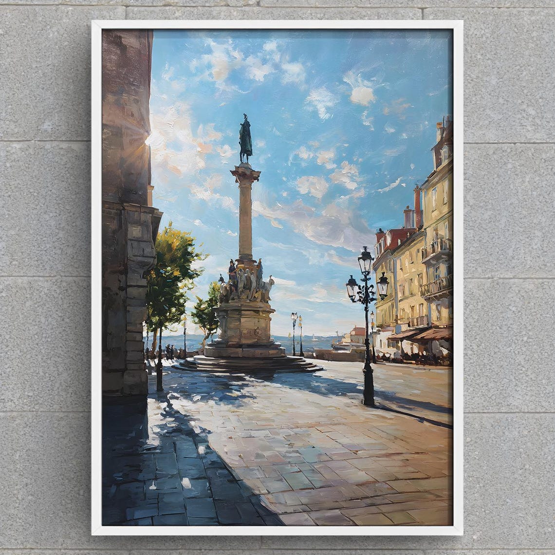 Sunlit European Square With Monumental Column Cityscape Poster