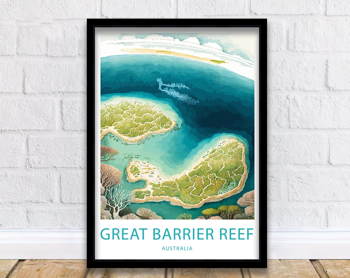 Great Barrier Reef Australia Aerial Coral Islands Map Style Poster