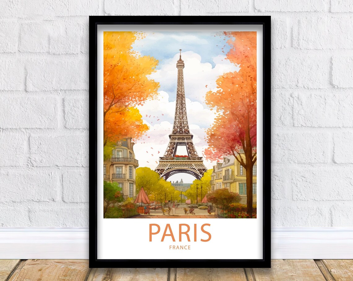 Paris France Eiffel Tower Autumn Street Illustrated Travel Poster