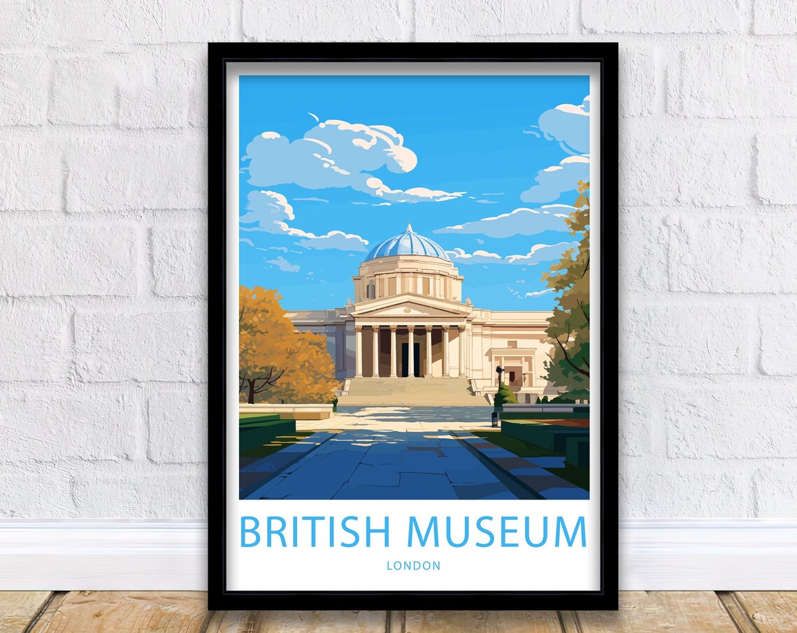 British Museum London Grand Facade Vintage Illustrated Travel Poster