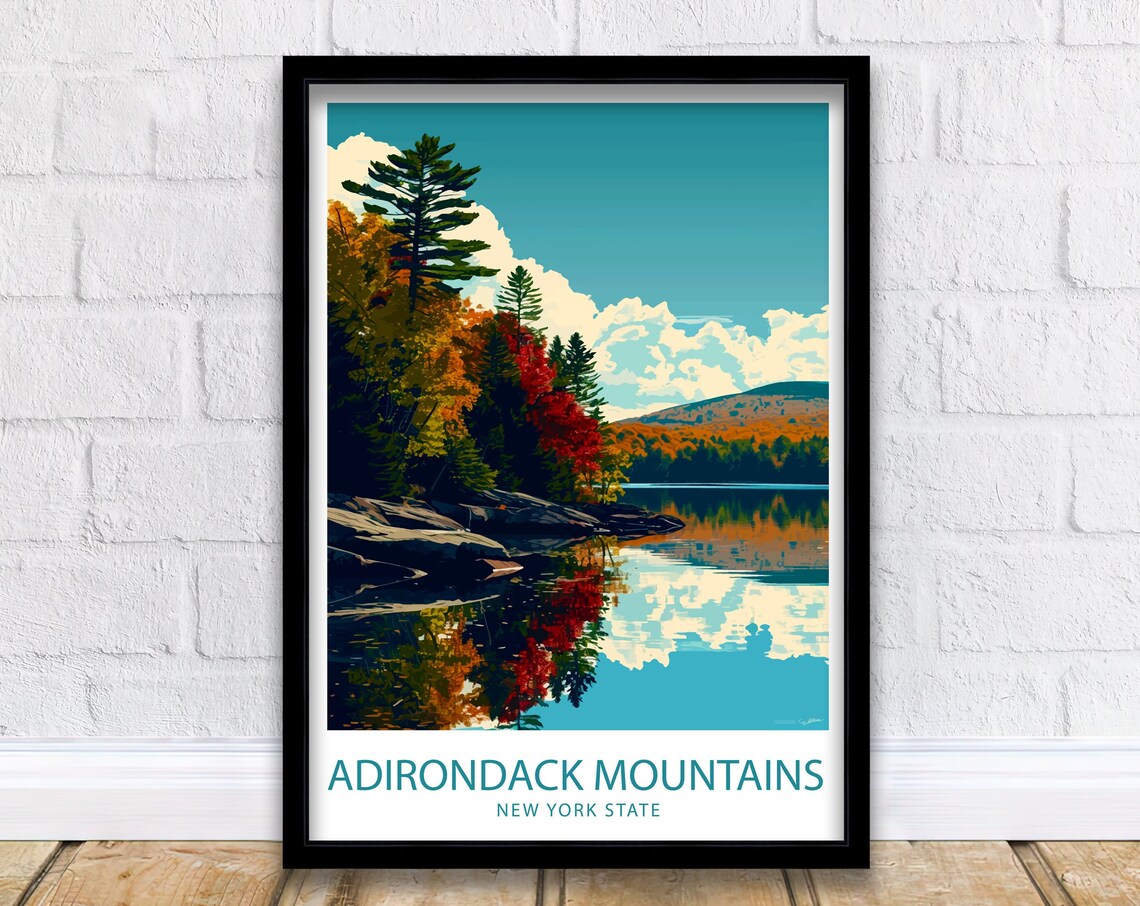Adirondack Mountains New York Autumn Lake Reflection Travel Poster
