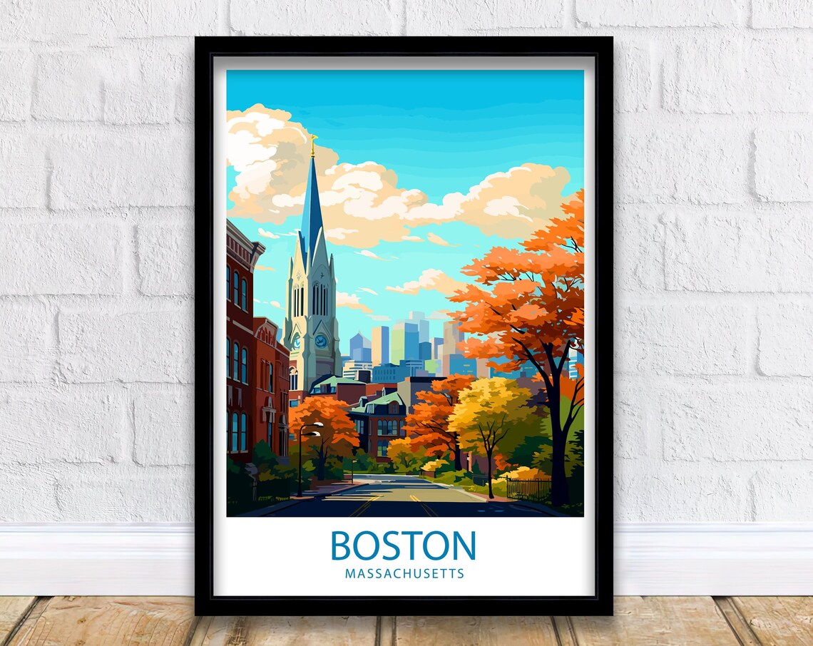 Boston Massachusetts Historic Church Spire Autumn Street Travel Poster