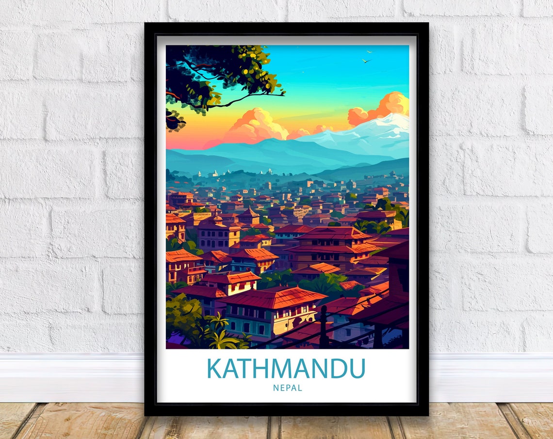 Kathmandu Nepal Sunset Cityscape Himalayan Mountain View Travel Poster