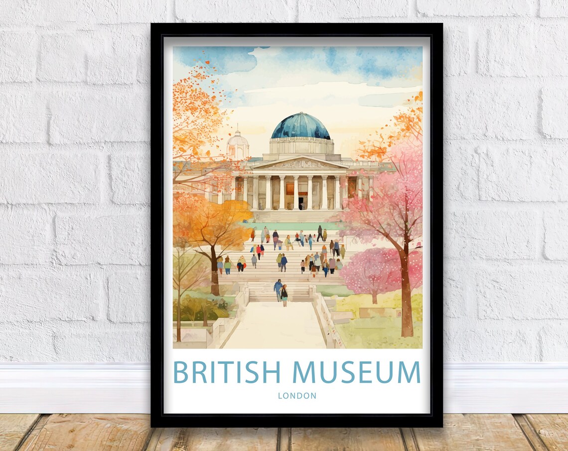 British Museum London Autumn Watercolor Illustrated Travel Poster