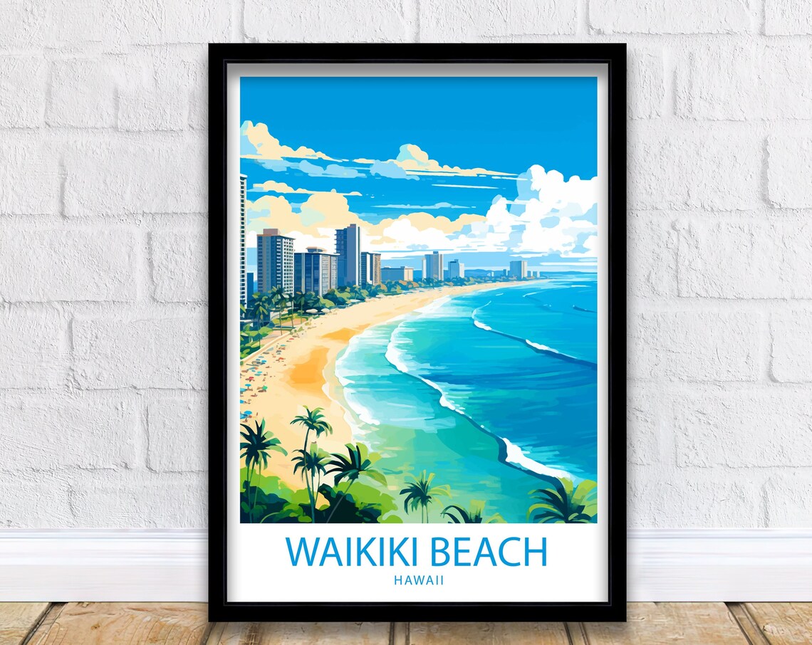 Waikiki Beach Hawaii Turquoise Shoreline Hotel Skyline Travel Poster