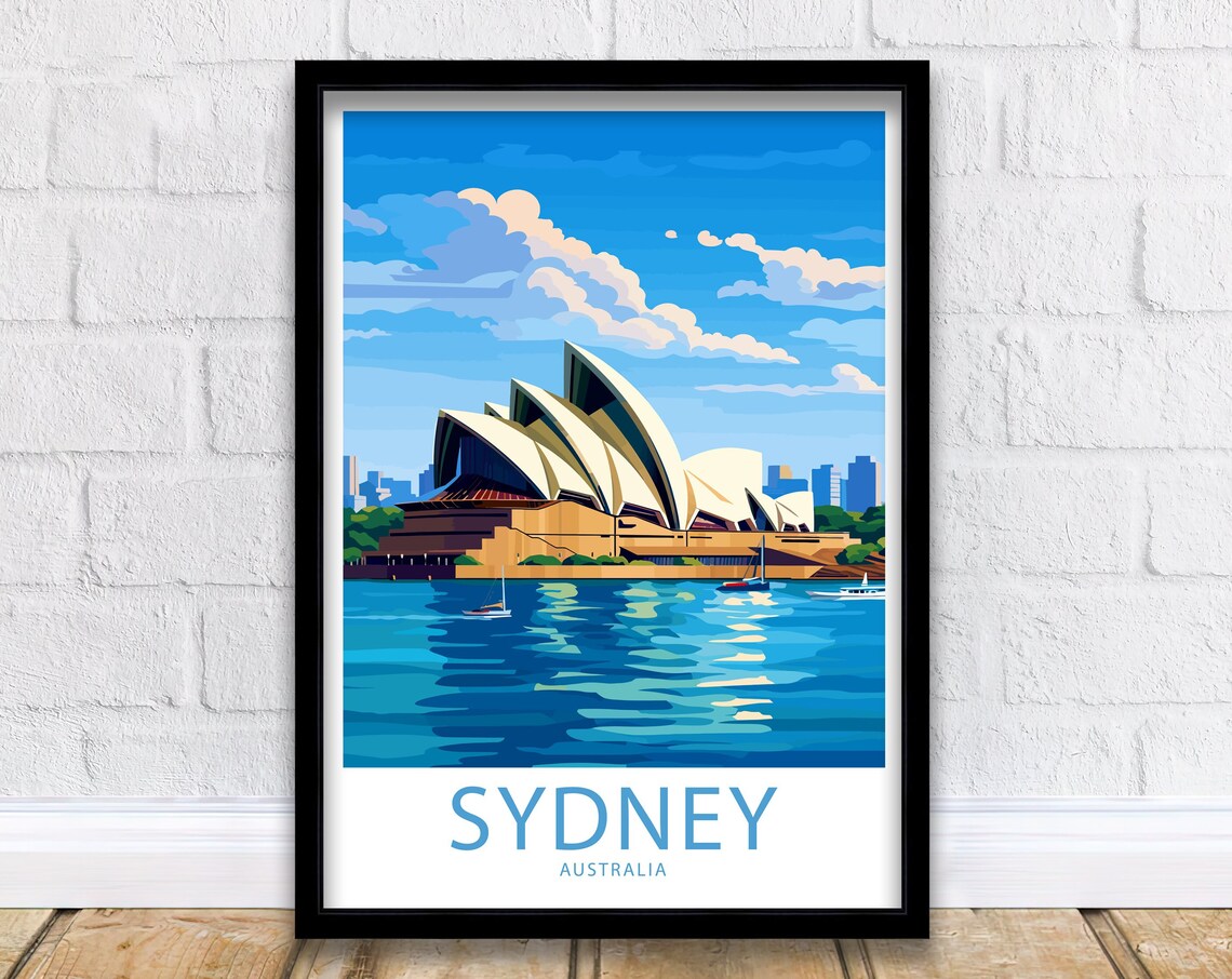 Sydney Australia Opera House Sailboats Blue Illustrated Travel Poster
