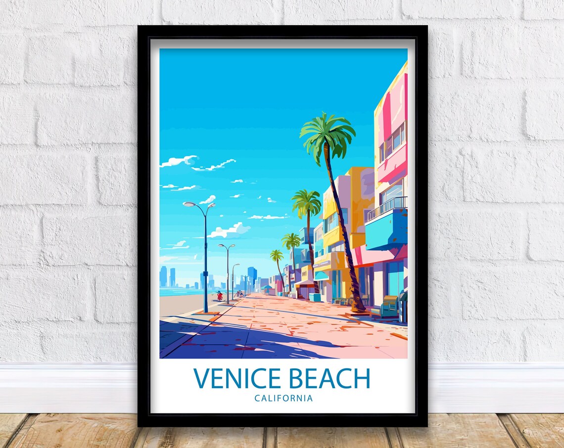 Venice Beach California Colorful Boardwalk Palm Trees Travel Poster