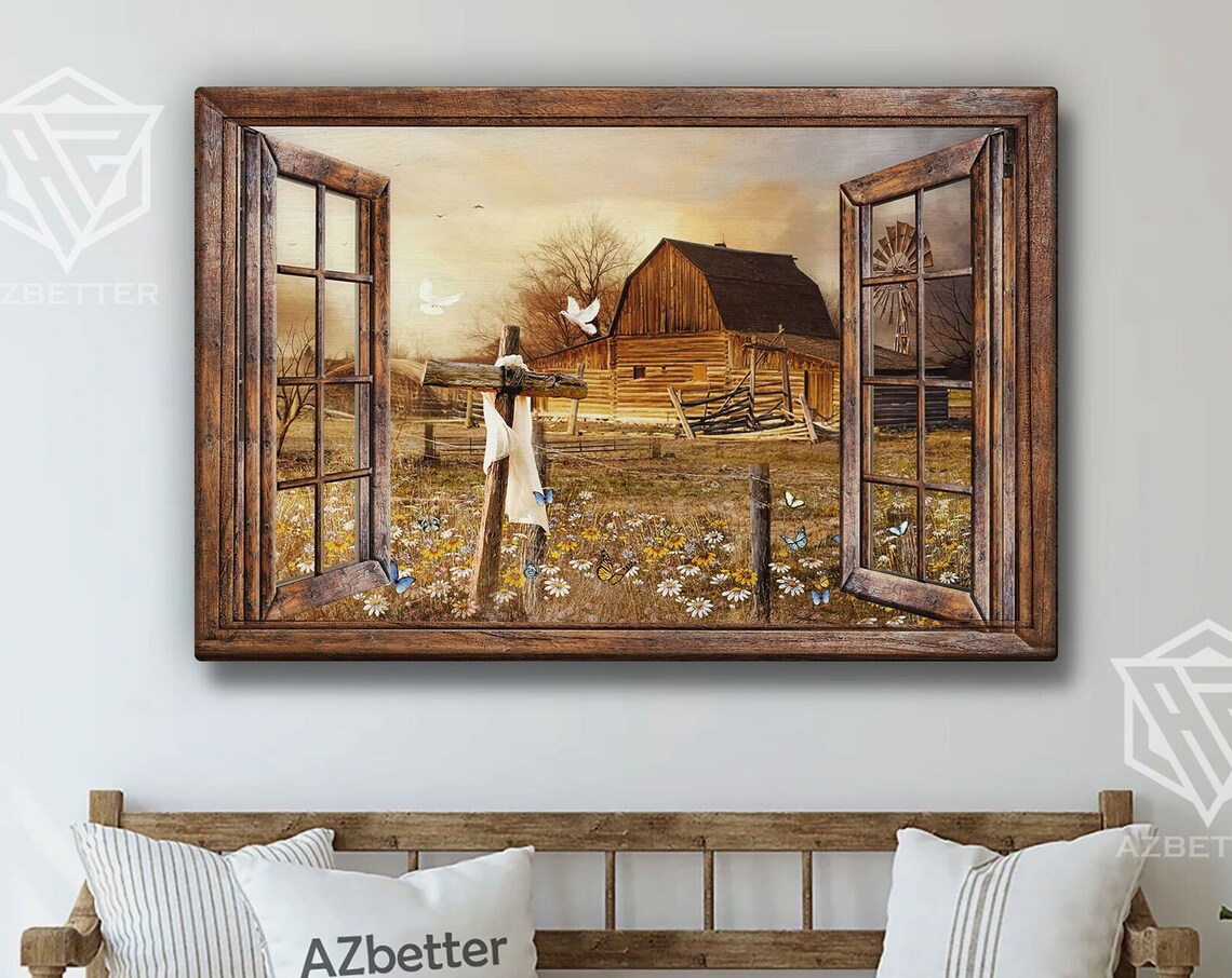 Rustic Window View Of Old Barn Cross And Wildflower Meadow Poster