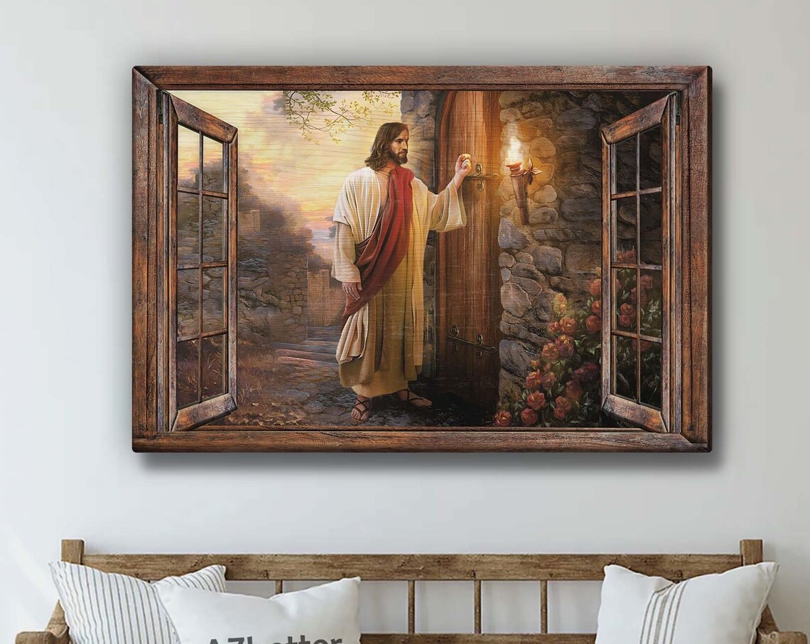 Jesus Knocking At The Door Open Window Sunset Scene Art Poster