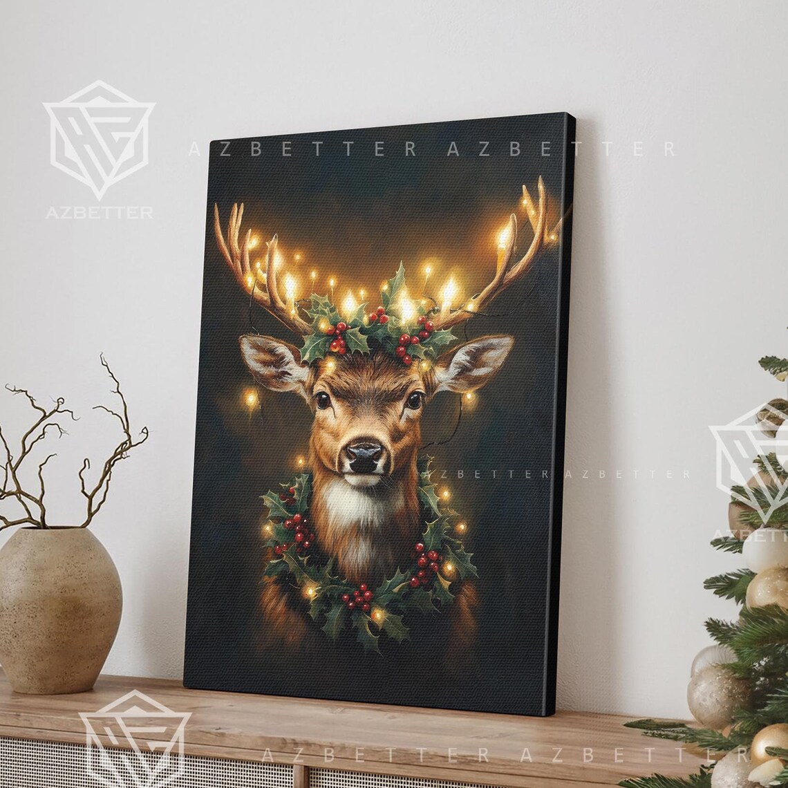 Christmas Deer Art Print, Rustic Holiday Reindeer