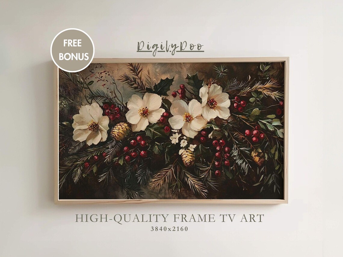 Winter Floral Christmas Poster, Rustic Holiday Botanical