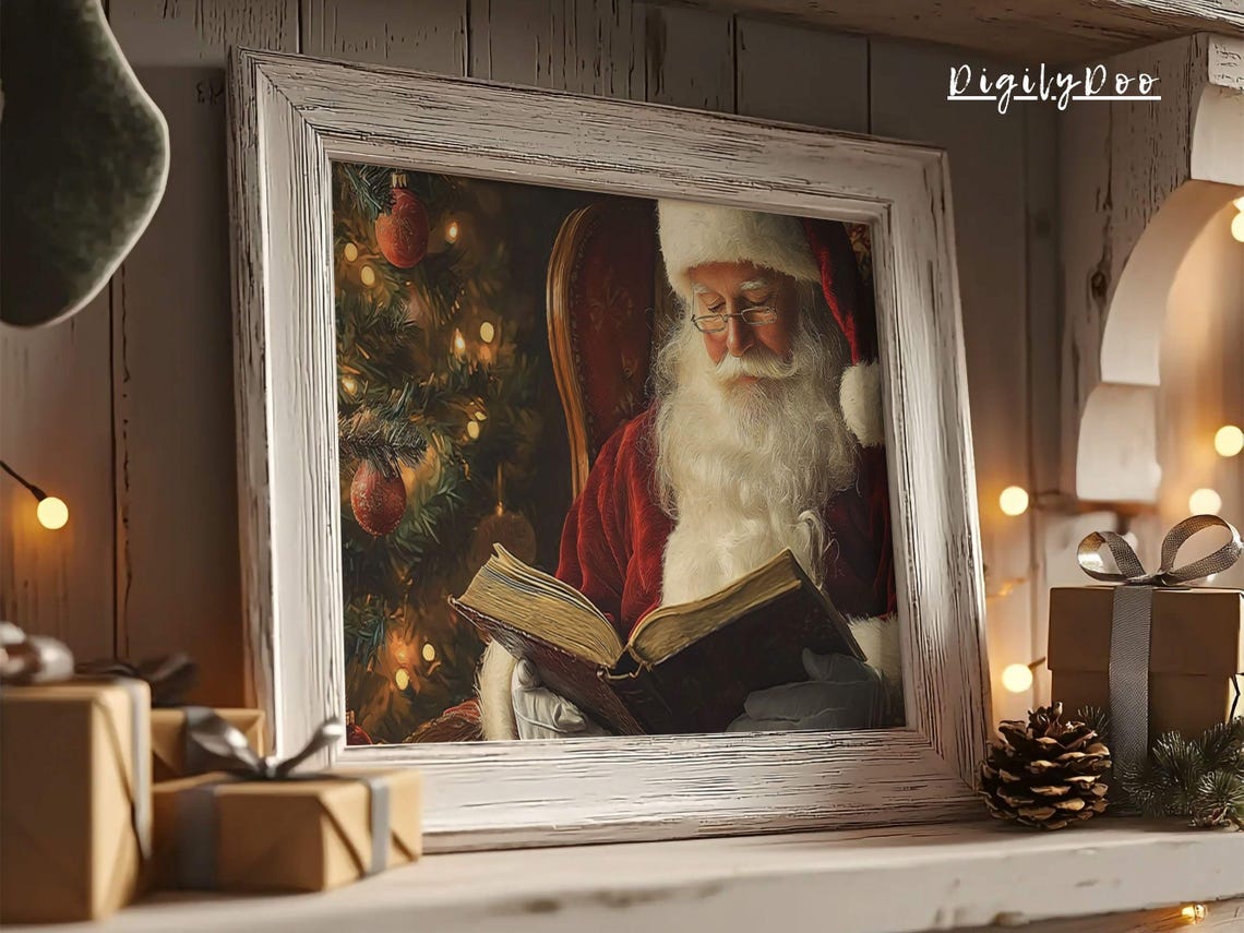 Santa Claus Reading Book by Christmas Tree Cozy Holiday Night Poster - Image 2