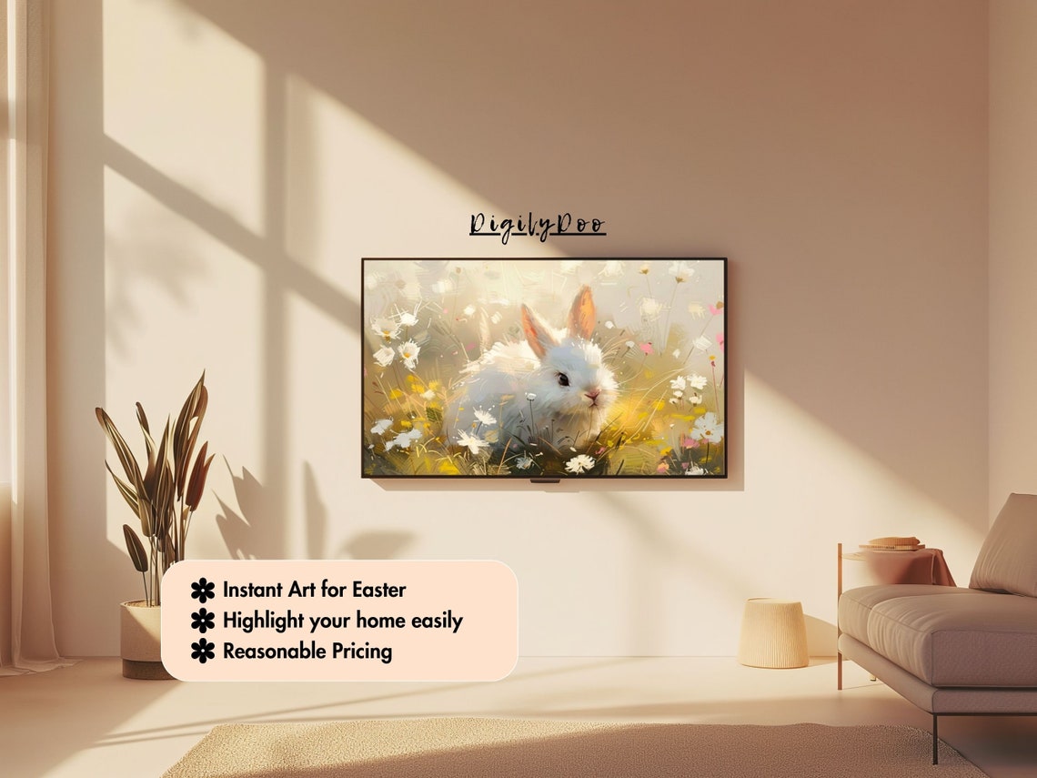 Easter Frame Tv Art Cute Easter Bunny In Flowerfield Tv Art White Tiny Rabbit Painting Spring Vintage Farmhouse Decor - Image 3