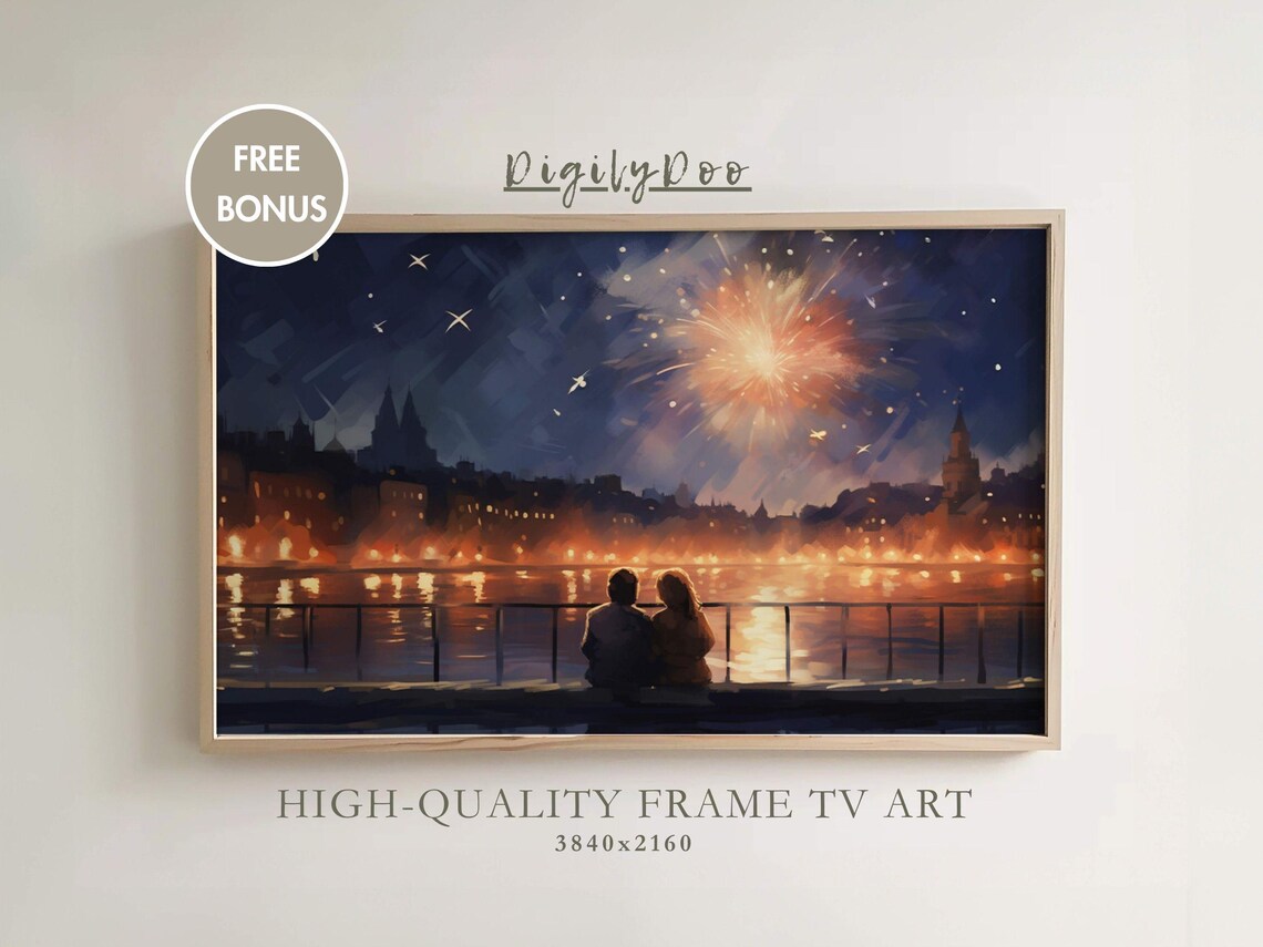 Romantic Fireworks Couple River City Night New Year Eve TV Poster