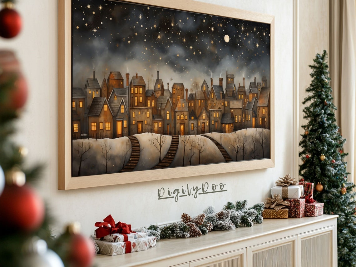Whimsical Winter Village Starry Moonlit Night Scene Wall Art - Image 3