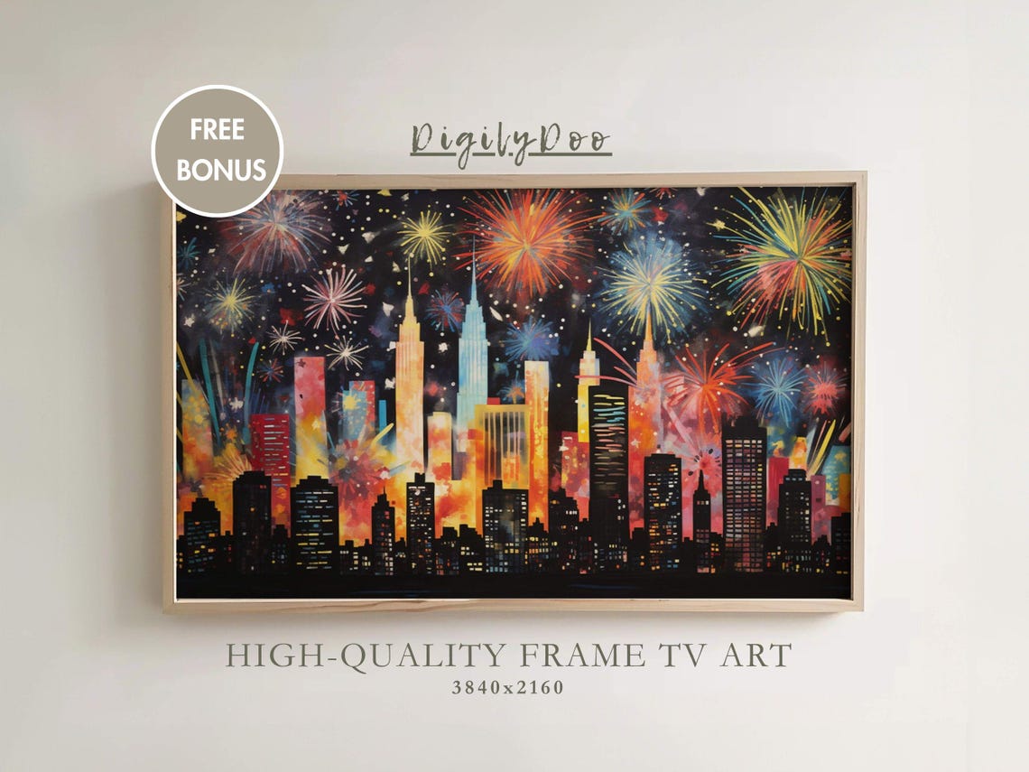 New York Skyline Fireworks Night Celebration Colorful Wall Art