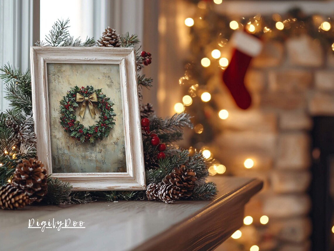 Holly Berry Wreath Gold Bow Vintage Christmas Farmhouse Art Poster - Image 3