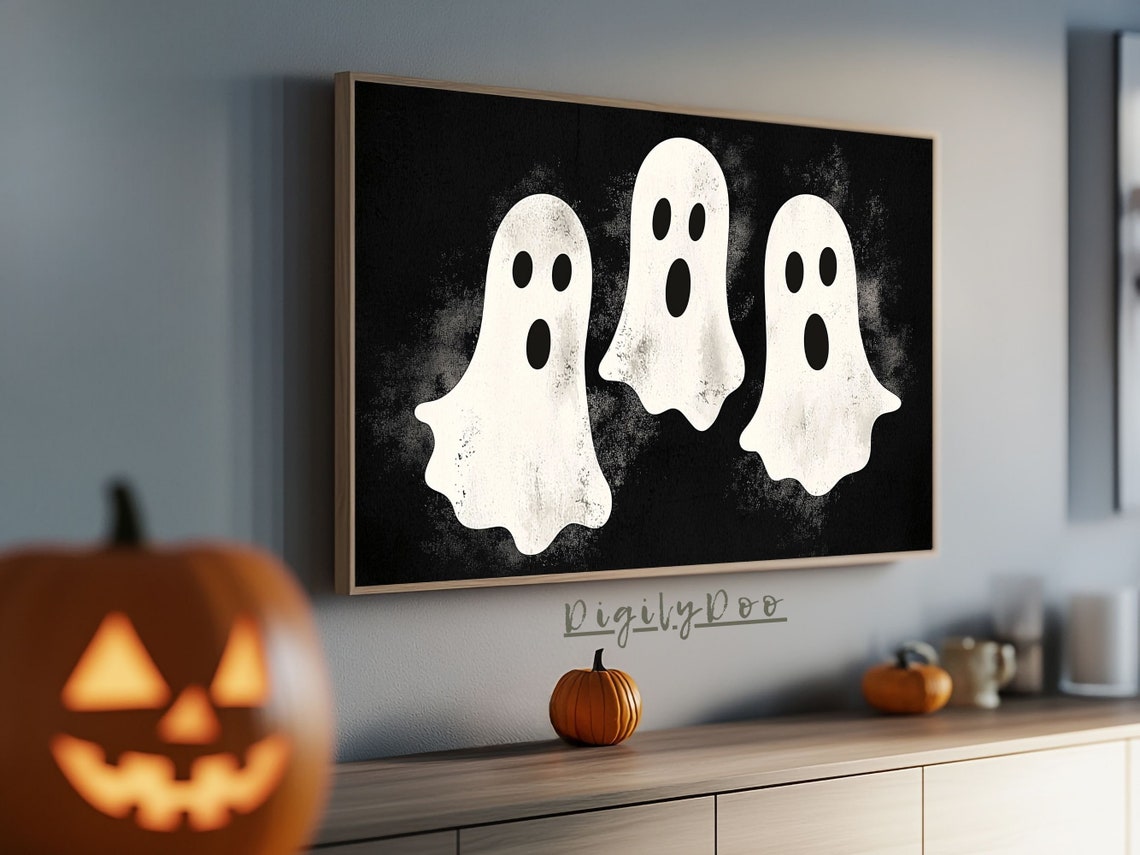 Three White Ghosts Black Background Halloween Frame TV Print - Image 3