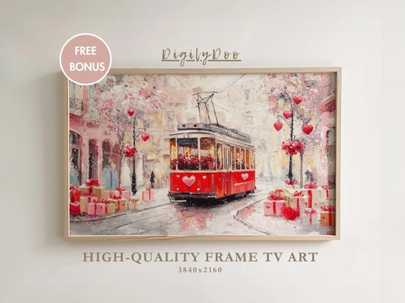 Valentines Day Frame Tv Art Vintage Red City Love Tram Tv Decor Moody Romantic Pink Screensaver Valentines Day Painting