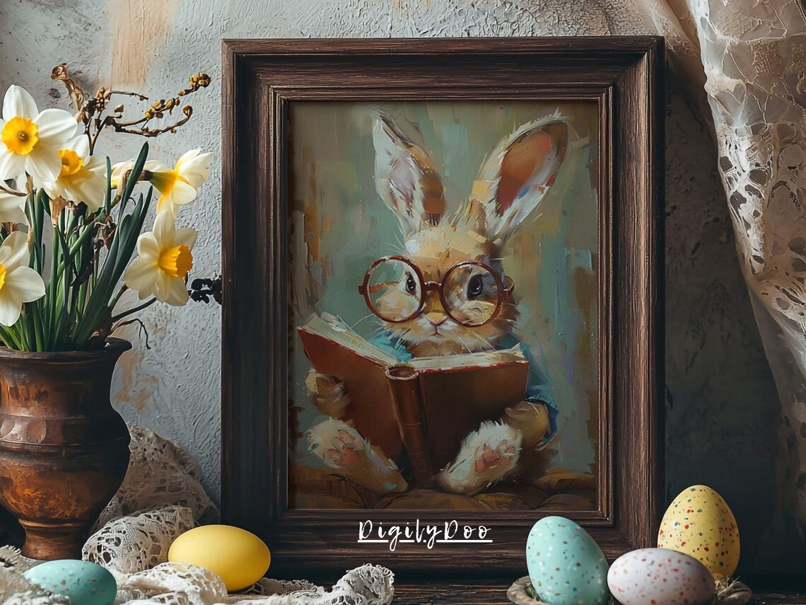 Easter Bunny Reading Book Art Print, Light Academia