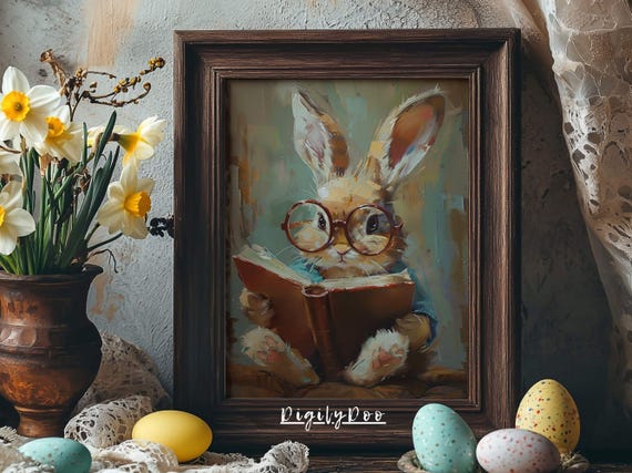 Easter Bunny Reading Book Art Print, Light Academia