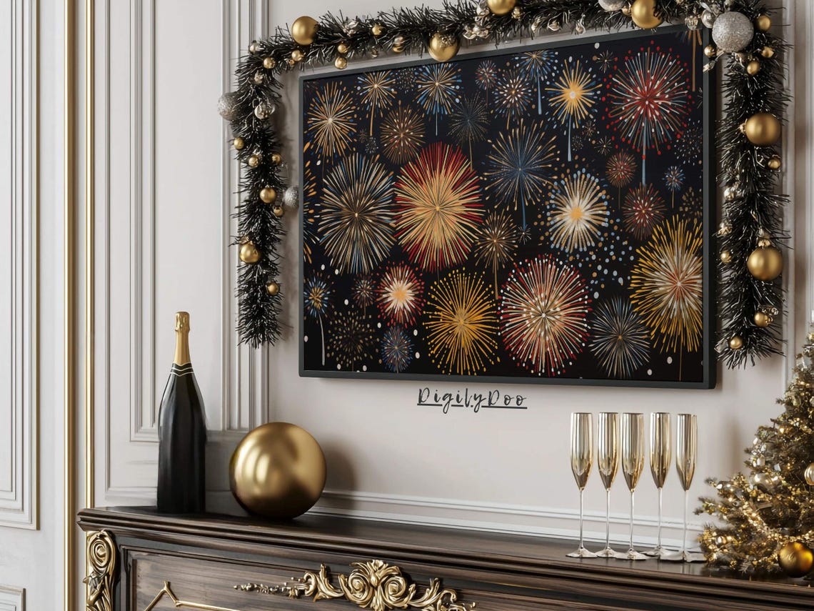 Elegant Gold Red Fireworks Black Night Sky New Year Eve TV Poster - Image 3
