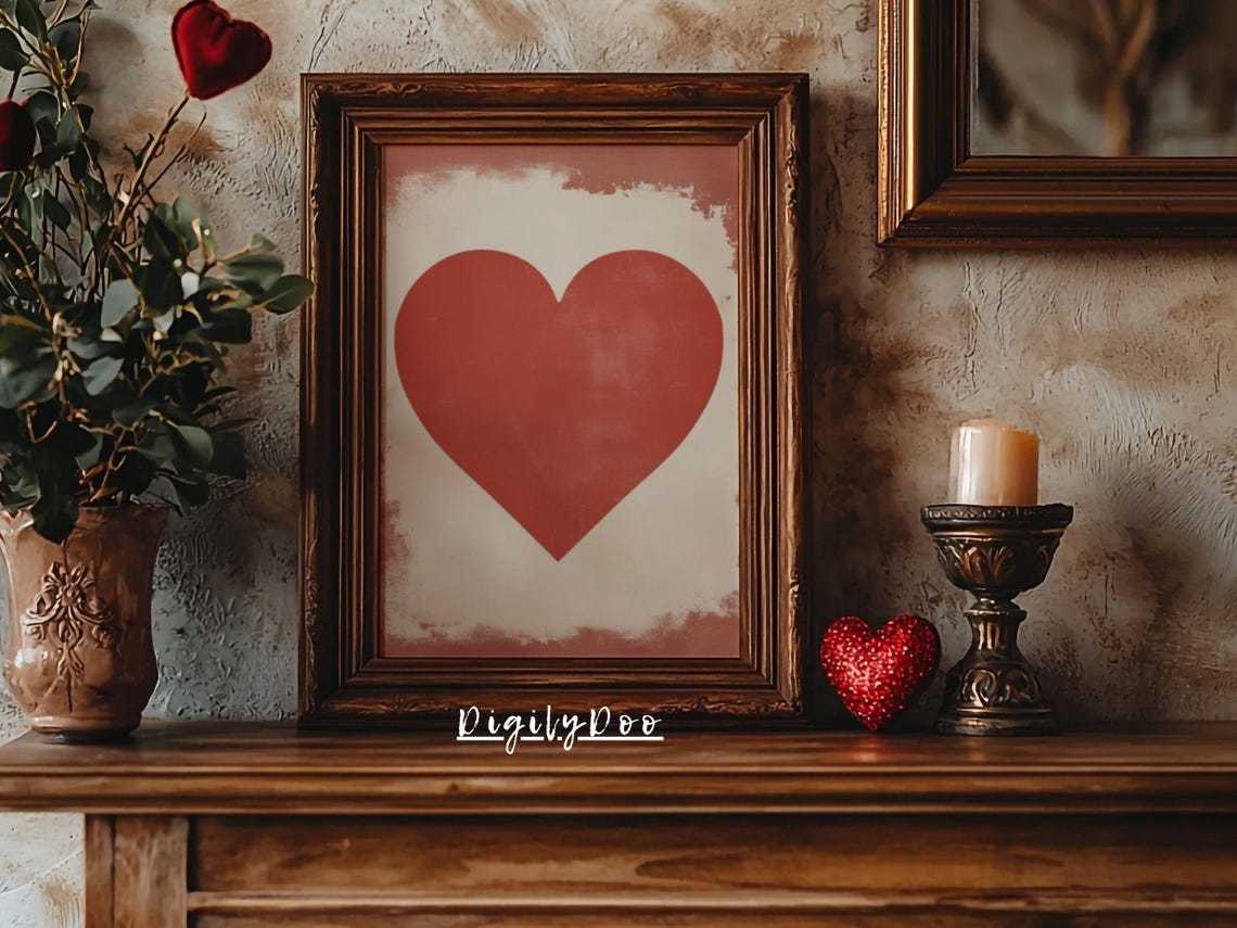 Red Heart Cream Background Rustic Grunge Vintage Valentine Poster