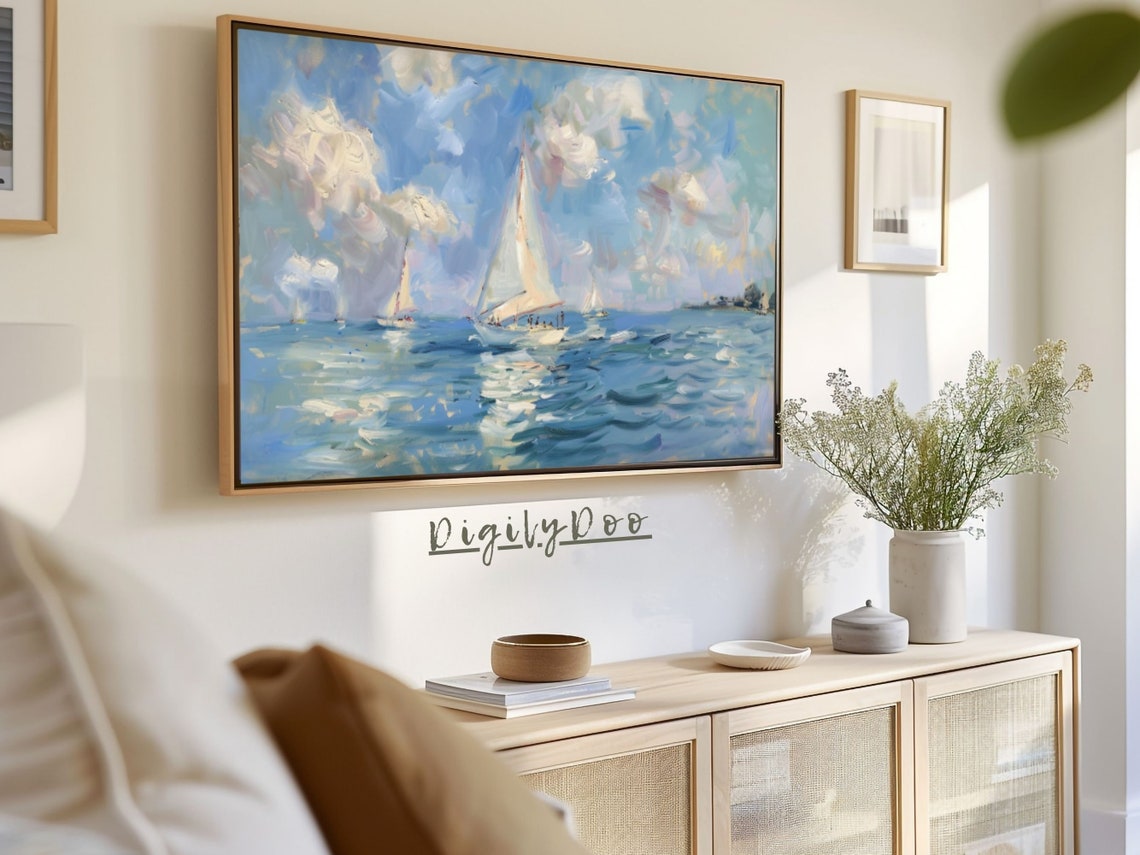 Sailboats on Blue Sea Impressionist Oil Painting Frame TV Print - Image 3