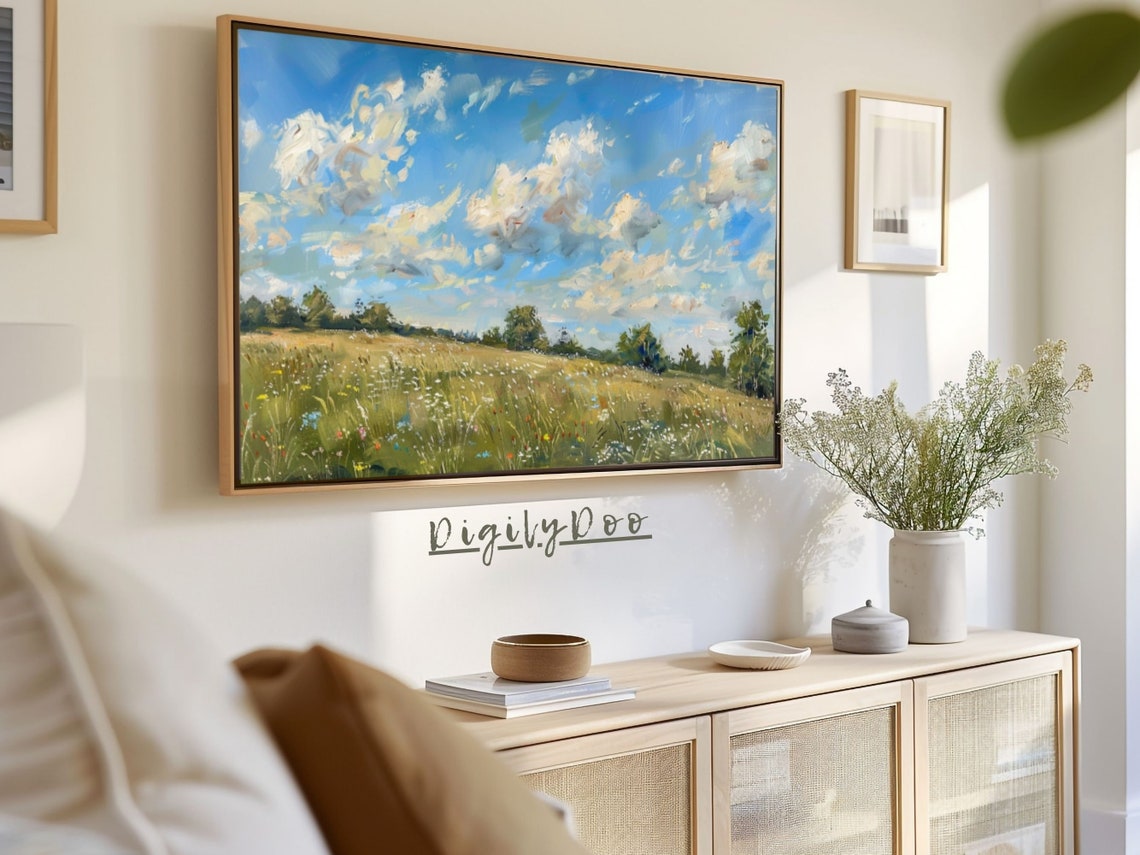 Sunlit Wildflower Meadow Blue Sky Impressionist Frame TV Print - Image 3