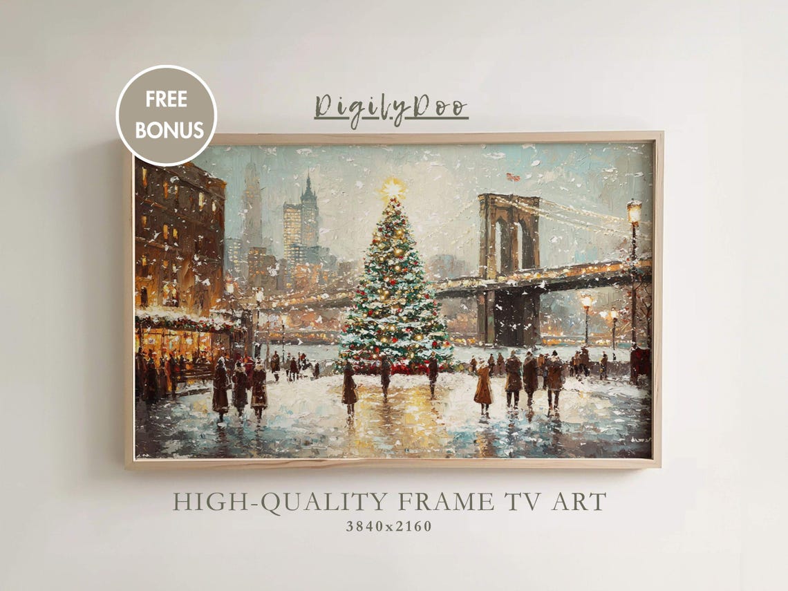 Brooklyn Bridge Christmas Tree Snowy Day NYC Skyline Art Poster