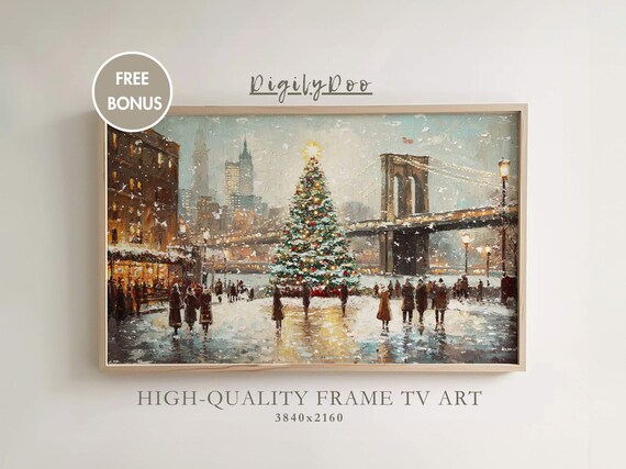 Christmas Frame Tv Art Winter Christmas Tree Village Tv Decor Vintage Holiday New York Bridge Painting Moody Screensaver