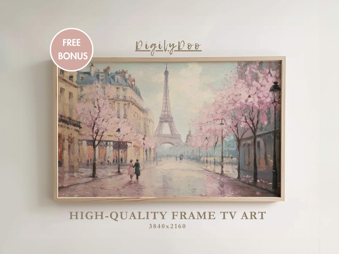 Paris Eiffel Tower Cherry Blossom Street Couple Romantic Travel Poster