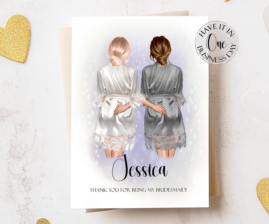 Personalized Gray Satin Robe Bridesmaid Thank You Card Art Print