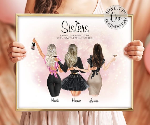 Three Sisters Gift Ideas, Personalized Sisters Portrait