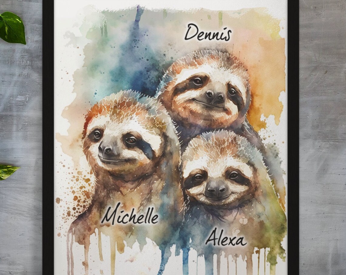 Cute Watercolor Sloth Family Trio Personalized Name Gift Print