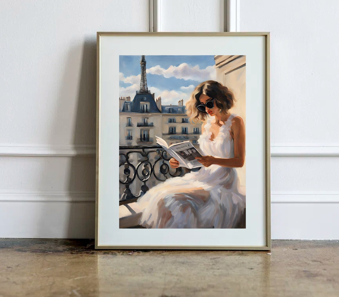 Woman Reading On A Paris Balcony With Eiffel Tower View Poster