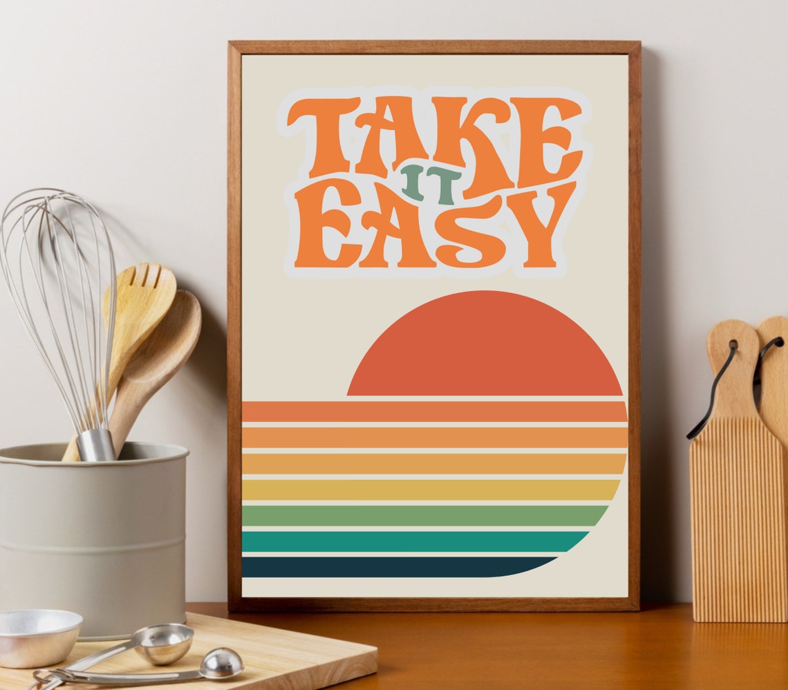 Take It Easy Retro Sunset Groovy 1970s Typography Quote Poster