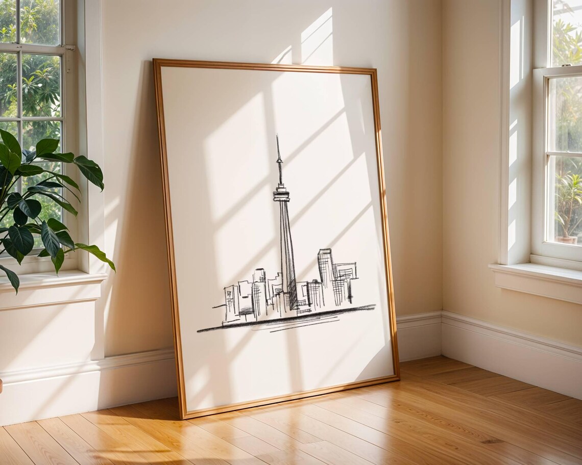 Toronto CN Tower Skyline Fine Line Ink Drawing Minimalist Wall Art