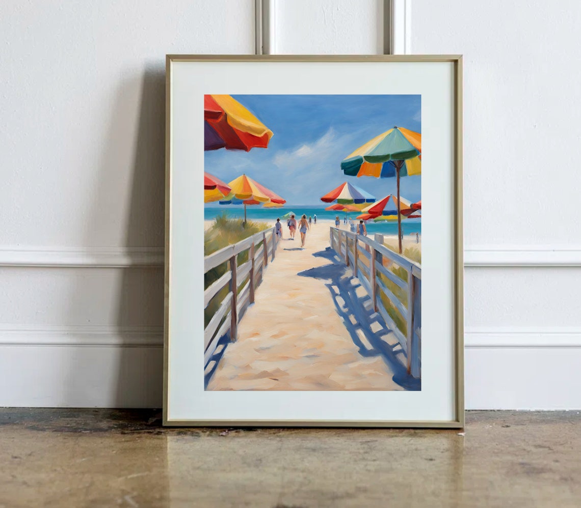 Sunlit Boardwalk Path To A Beach Lined With Colorful Umbrellas Poster