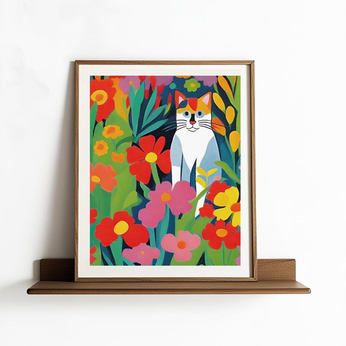 Henri Matisse Inspired Calico Cat Among Bright Flowers Art Print